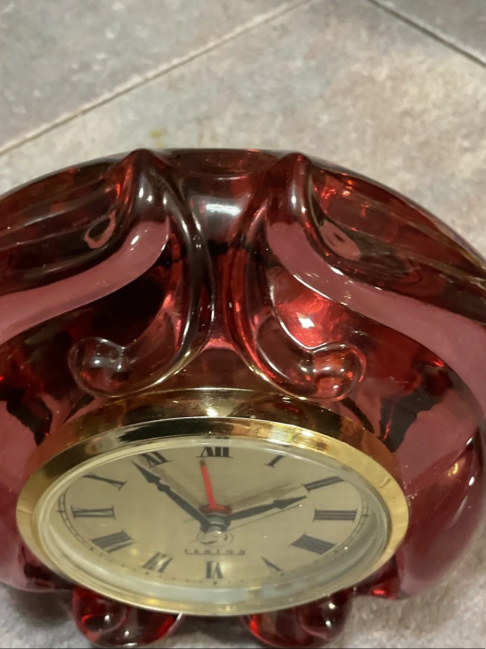 Fenton Glass Mantel Clock with Gold Bezel cranberry